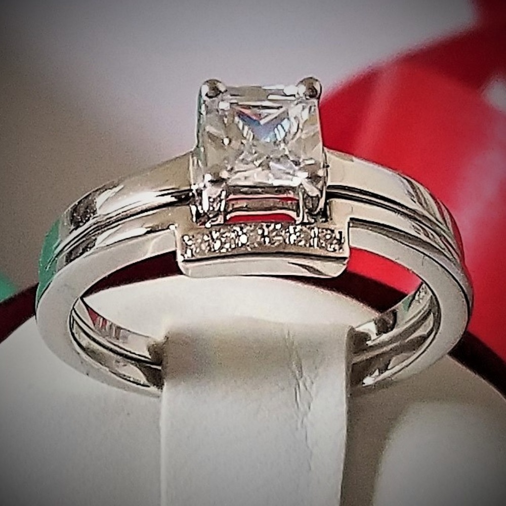 Solid 925 Sterling Silver Princess Cut CZ Ring Set